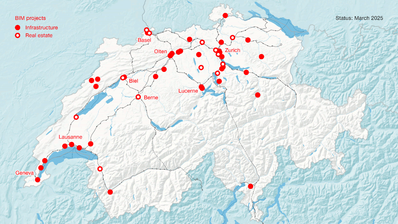 The infographic shows a total of 48 locations where SBB projects are already being implemented with BIM. 34 of these are infrastructure projects and the remaining 14 are real estate projects.