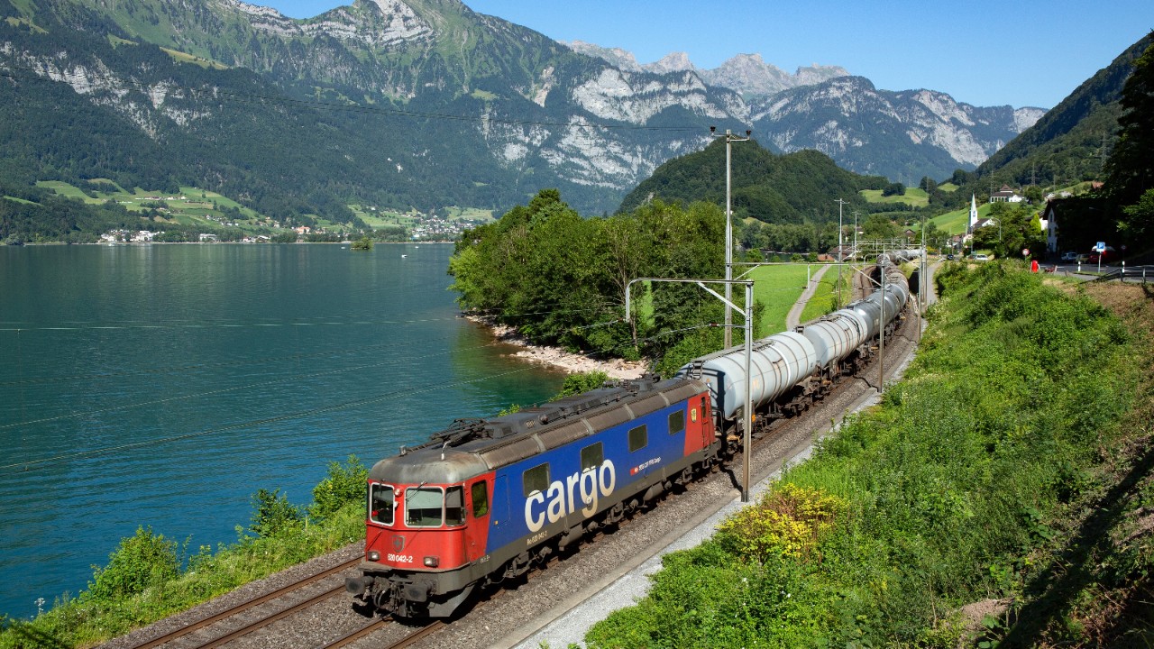 Un train de marchandises longeant un lac.