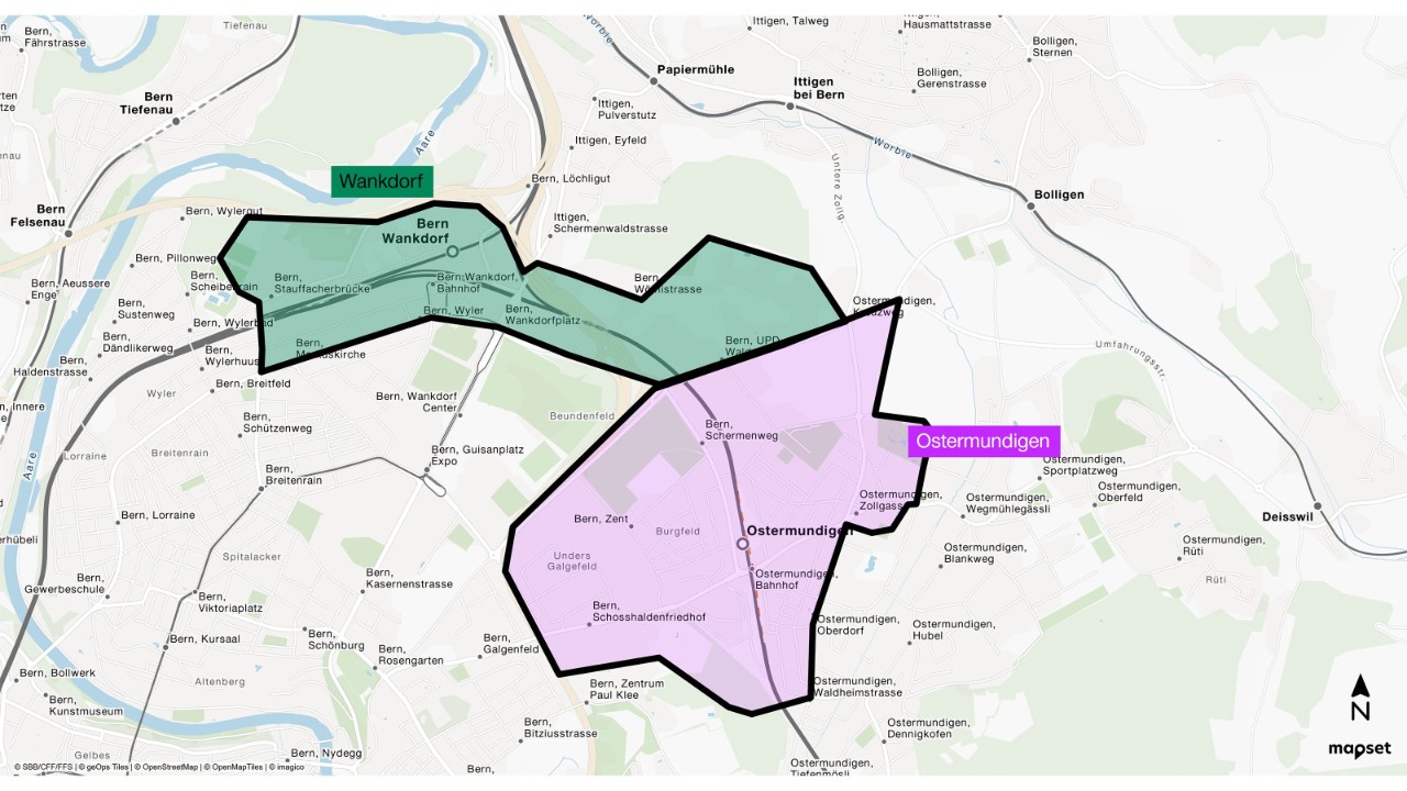 Übersichtsplan des Baustellenperimeters zwischen Wankdorf und Ostermundigen. Der gesamte Perimeter wird in zwei Bereiche unterteilt: Bereich Wankdorf und Bereich Ostermundigen. Die Grenze zwischen den beiden Bereichen macht die Brücke Bolligenstrasse, welche sich in der Mitte befindet.