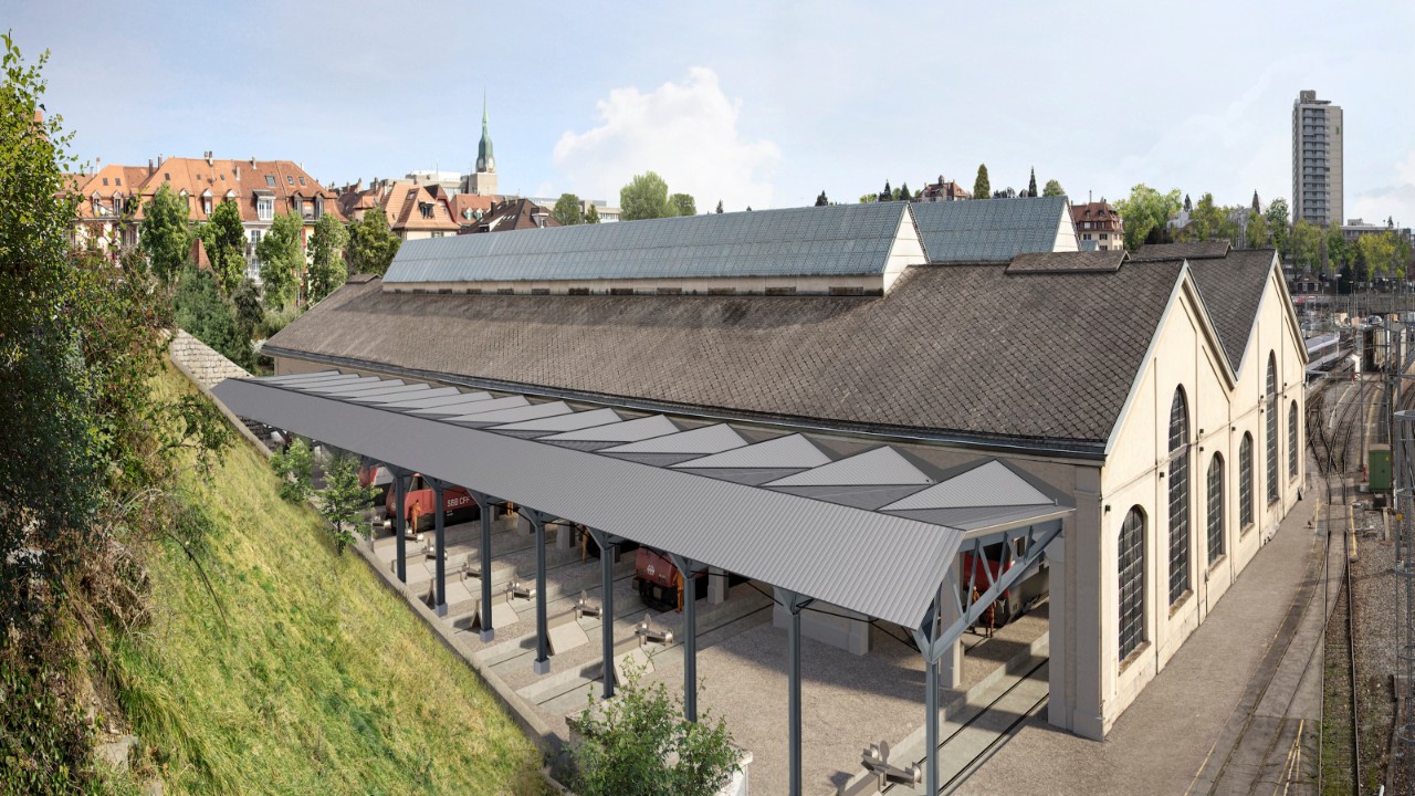 Das Depot-Gebäude in der Aebimatt mit neuem Vordach.