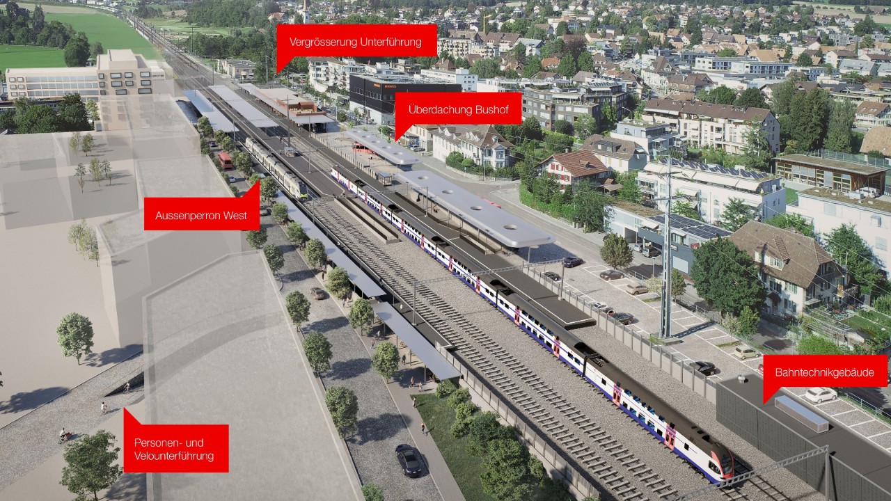 Eine der ersten Visualisierungen des ausgebauten Bahnhofs Münsingen. Die Bahnzugänge werden aktuell aber überarbeitet und neu geplant.