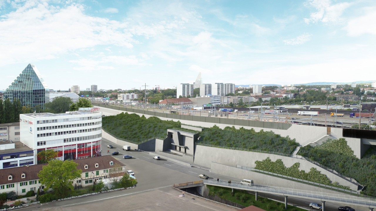 Die Grafik zeigt den neu gestalteten Hang Schänzli. Um das Gewicht der neuen S-Bahn-Auffahrt zur Donnerbaumbrücke und die Last der Züge abstützen zu können, muss die SBB die bestehenden Stützmauern im Hang Schänzli teils neu errichten. Um eine wuchtige, hohe Wand zu vermeiden, setzt die SBB eine gestaffelte, begrünte Lösung um, mit Magerwiesen und einer Begrünung der oberen Mauer mit «Wildem Geissblatt», welches unter anderem Nistplätze für Vögel bietet. Die S-Bahn-Auffahrt erhält auf ihrer Südseite eine durchgehende zwei Meter hohe Lärmschutzwand.