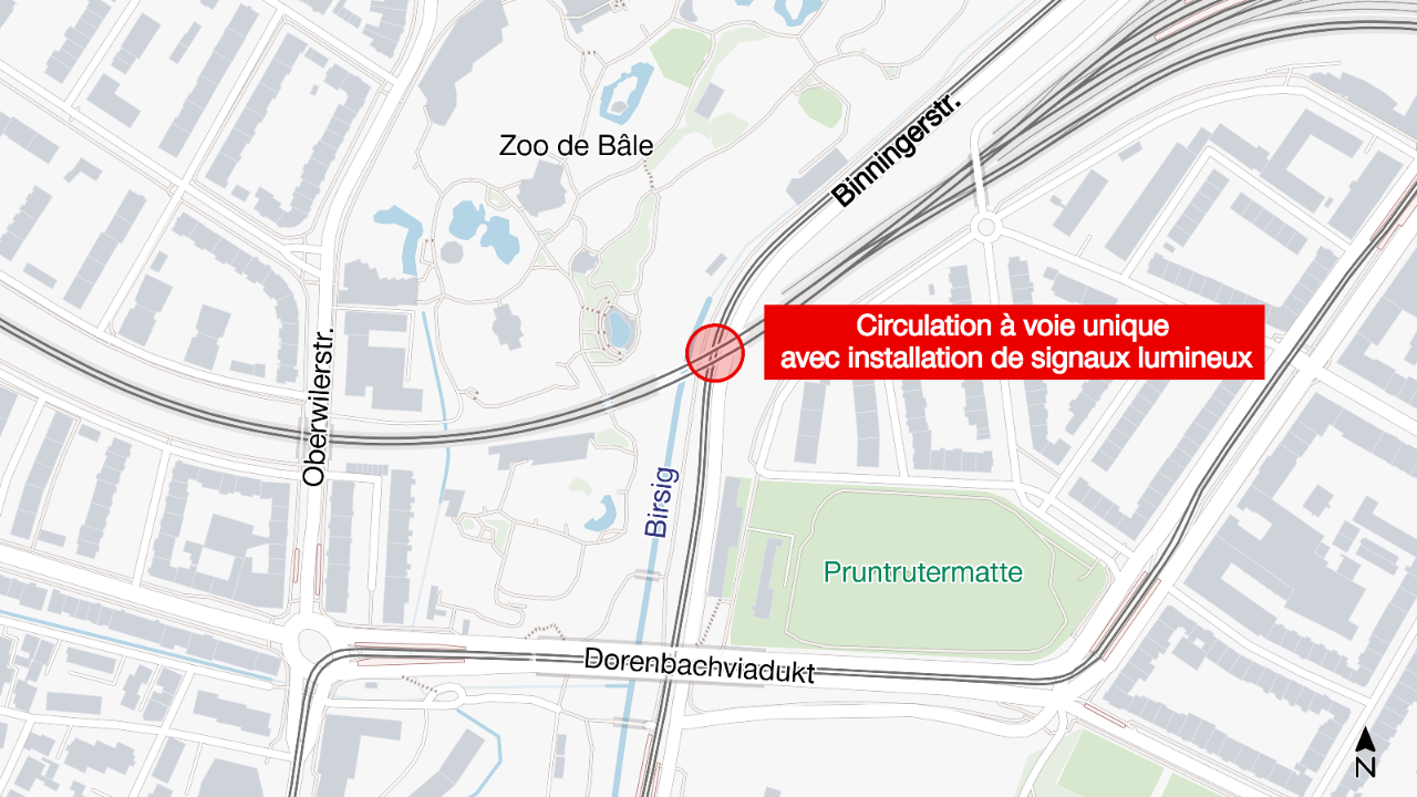 Sur une carte de Bâle, le tronçon à simple voie concerné est entouré d’un cercle rouge et d’une inscription rouge. 