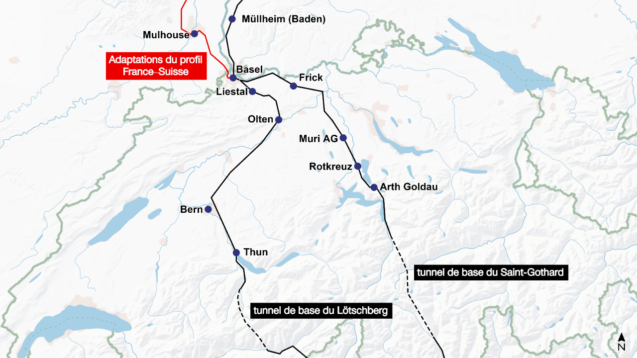 L’illustration consiste en une carte des axes NLFA et des lignes d’accès en Suisse, avec la liaison existante depuis l’Allemagne et le corridor de 4 mètres prévu depuis la France. Les axes principaux, à savoir le tunnel de base du Lötschberg et le tunnel de base du Saint-Gothard, sont représentés par des lignes noires, tandis que les lignes d’accès sont en bleu. L’aménagement prévu pour les circulations depuis la France est indiqué en rouge. 