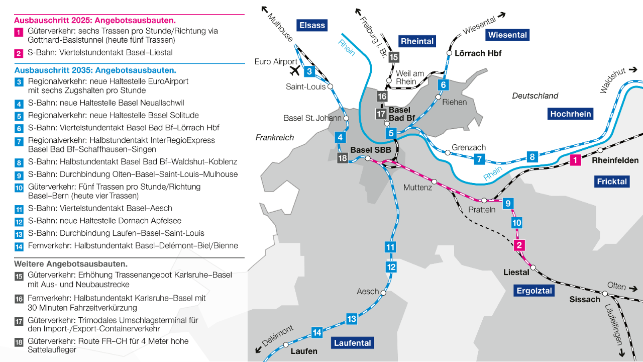 Die Grafik zeigt auf einer Karte die geplanten Angebotsausbauten in und um Basel.