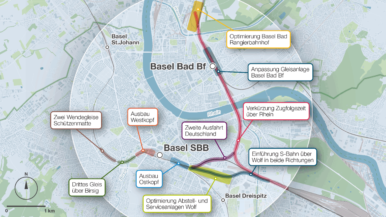 Die Grafik zeigt die verschiedenen Projekte, die gemäss der Vorstudie VKKB Teil des Ertüchtigungspakets sind. Diese sind schwergewichtig im und um den Bahnhof Basel SBB angesiedelt.