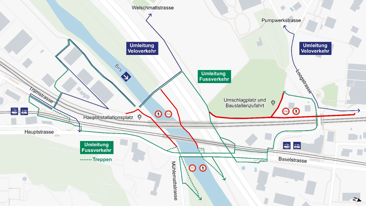 Der Plan zeigt, die aus Sicherheitsgründen gesperrten Wegabschnitte sowie die Umleitungen.