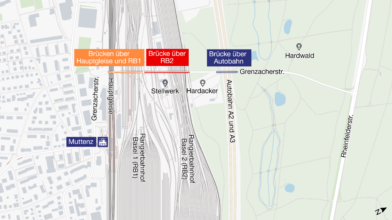 Übersichtskarte der Grenzacherstrasse in Muttenz mit den Bahnarealen Rangierbahnhof Basel 1 (RB1) und Basel 2 (RB2) sowie der Autobahn A2/A3. Die Grenzacherstrasse verläuft von West nach Ost über die Gleisanlagen und die Autobahn. Farbig markierte Abschnitte zeigen die neue Brückenaufteilung nach der Instandsetzung: eine Brücke über die Hauptgleise und RB1 (orange), eine separate Brücke über RB2 (rot) sowie eine weitere Brücke über die Autobahn (blau). Westlich ist das Siedlungsgebiet von Muttenz eingezeichnet, östlich Grünflächen des Hardwalds.