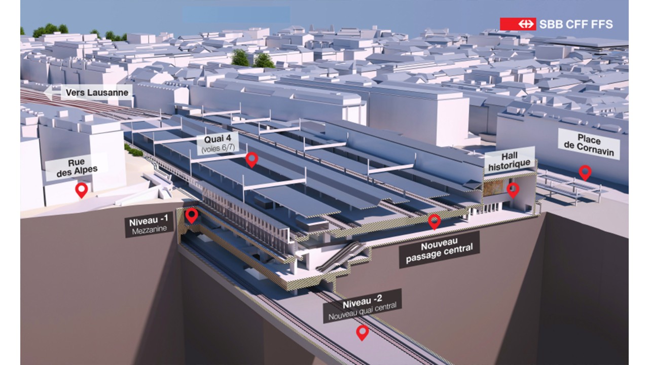 Vue en coupe de la future gare de Genève depuis la place Montbrillant.