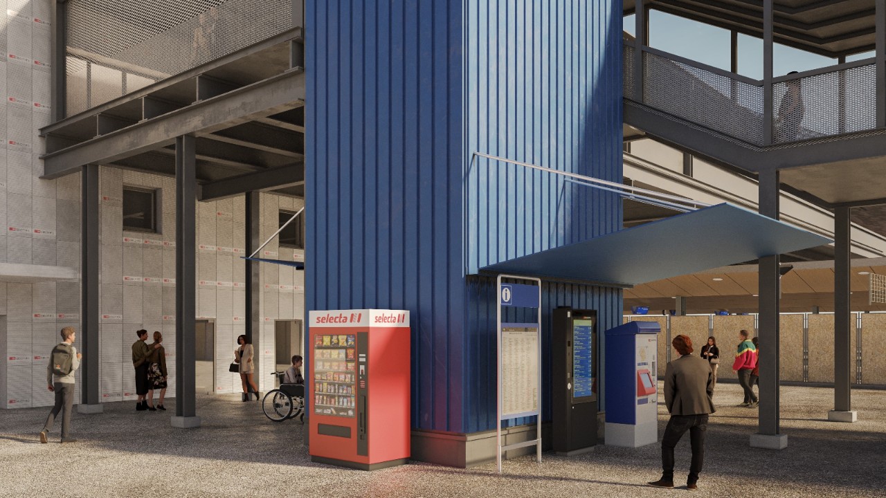 Während den Bauarbeiten gelangen die Reisenden über die provisorische Passerelle zu den Perrons. Darin befindet sich auch das SBB Kundenzentrum
