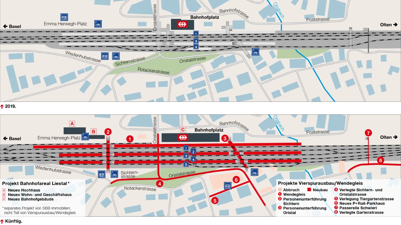 Die Grafik zeigt den Liestaler Bahnhofbereich 2019 und seit Ende 2025, nach Umsetzung der Projekte Vierspurausbau und Wendegleis.