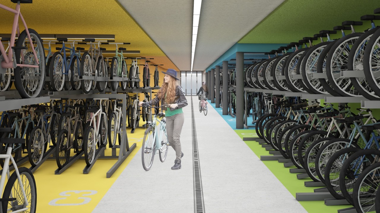 Die Visualisierung zeigt eine Innenansicht der geplanten Velostation. 