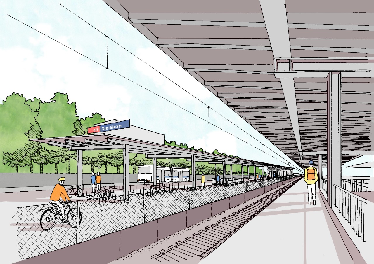 Bahnhof Dietlikon, Seite Bahnhofstrasse mit der geplanten Velohauptverbindung des Kantons Zürich.
