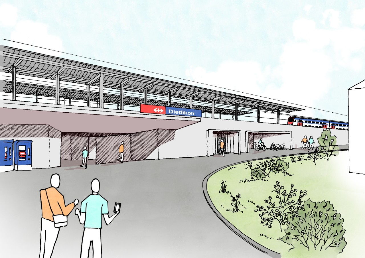 Bahnhof Dietlikon mit Kiosk und neuer Velostation auf der Seite Claridenstrasse. 