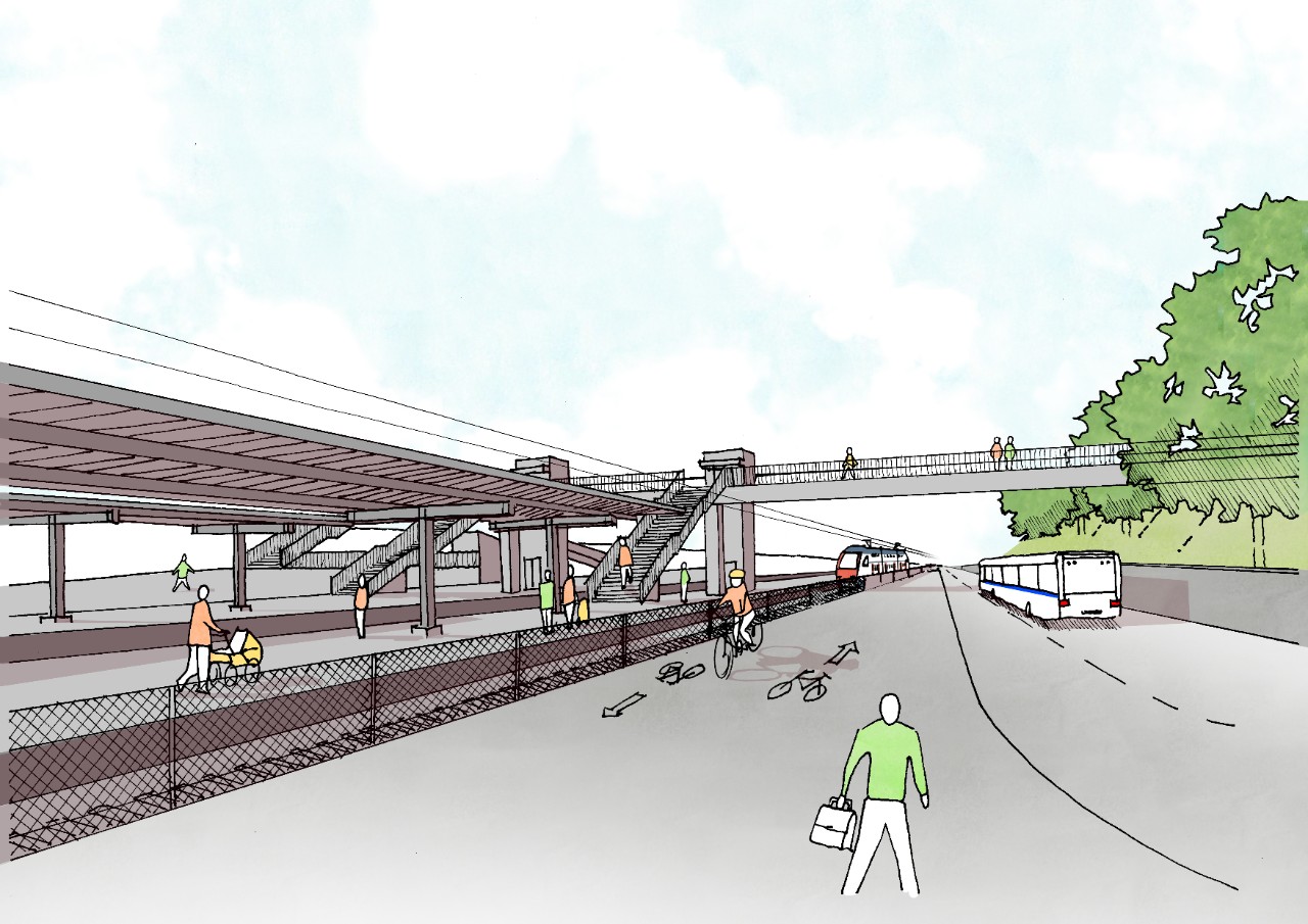 Bahnhof Dietlikon, Passerelle mit Treppen und Liften zu den Perrons. 