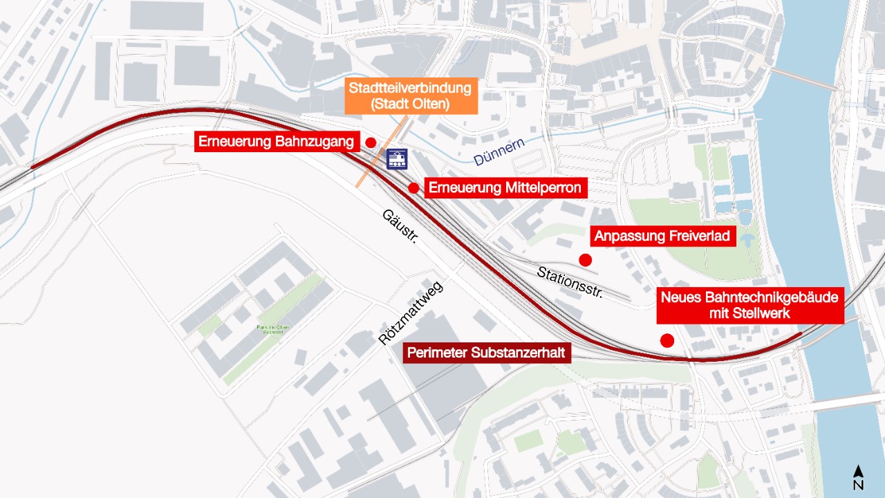 Die Grafik zeigt eine schematische Übersicht des Bahnhofs Olten Hammer und des umliegenden Quartiers mit Gleisanlagen, Strassen und dem Fluss Dünnern. Rot markiert sind die Bereiche mit geplanten Massnahmen, darunter Bahnzugang, Mittelperron, Freiverlad und ein neues Bahntechnikgebäude; eine dunkelrote Linie kennzeichnet den Perimeter für den Substanzerhalt. Orange hervorgehoben ist die geplante Stadtteilverbindung der Stadt Olten, die räumlich mit dem Bahnhofsprojekt verknüpft ist.