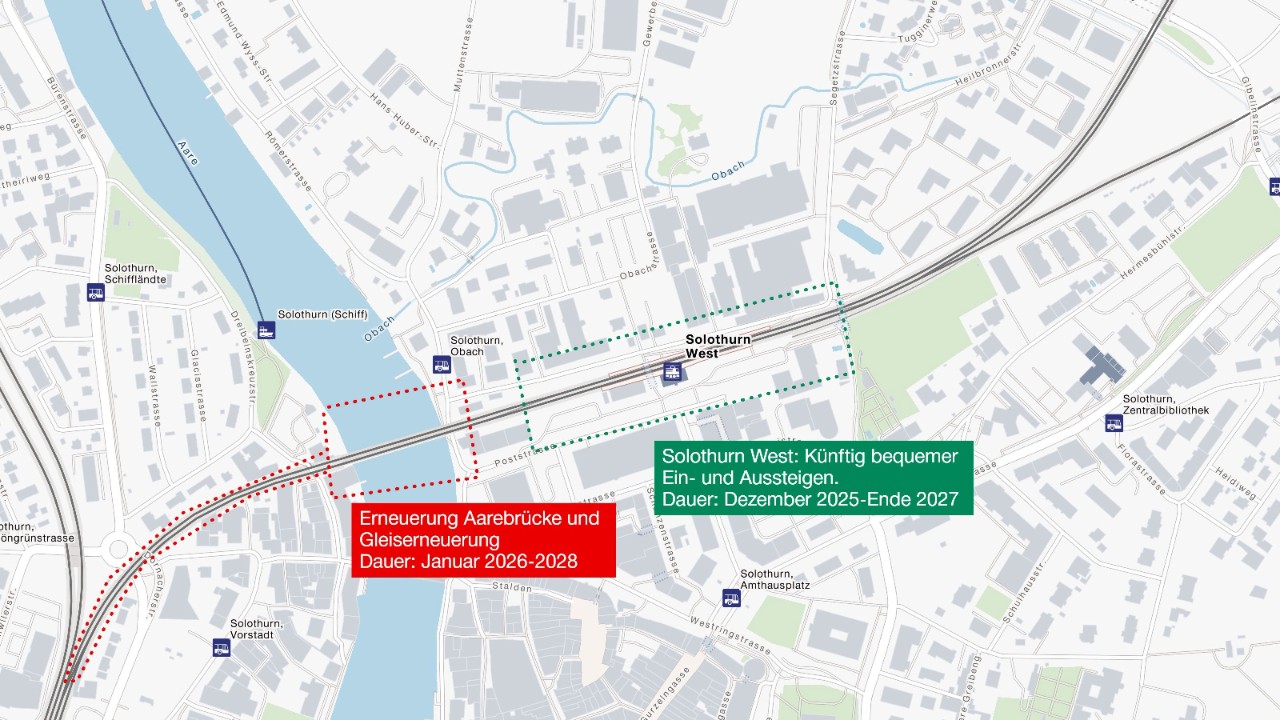 Die vereinfachte Grafik zeigt die geografische Lage, der  Bauprojekte Aarebrücke und Bahnhof Solothurn West.
