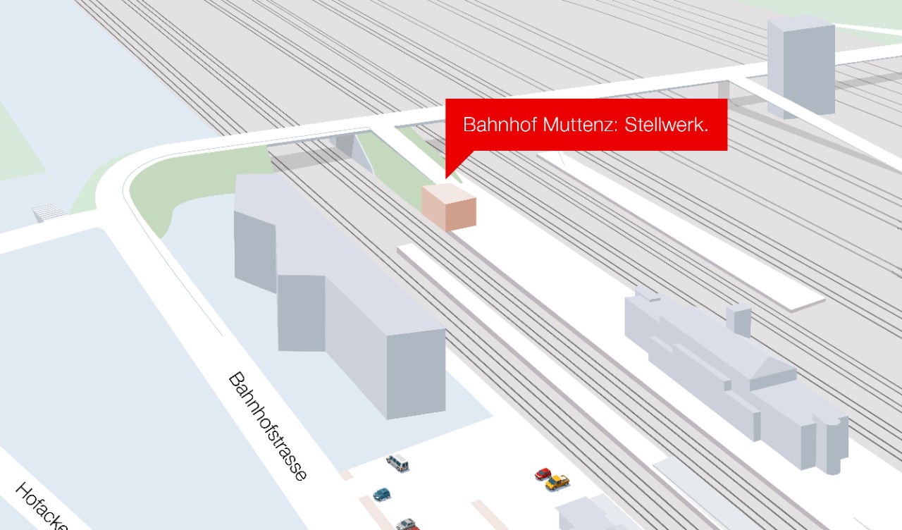 Die Grafik zeigt das neue Stellwerk. Diese ist notwendig, um das künftige Angebot im Güter- und Personenverkehr abwickeln zu können. Für dieses erstellt die SBB am westlichen Ende des Perrons Gleis 4 ein neues Bahntechnikgebäude und integriert darin gleichzeitig den Mittelspannungstransformator. Dieser ist zurzeit in einem Technikgebäude am Perron Gleis 4 platziert. Dessen Aufhebung schafft Platz für den künftigen Fussweg Grenzacherbrücke–Perron Gleis 4.  