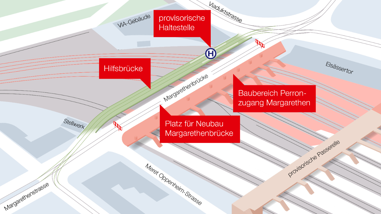 Die provisorische Hilfsbrücke gemäss Planungsstand Ende 2024. Die Brücke soll knapp 13 Meter breit sein und zwei durchgehende Tramgleise haben. Das Verkehrsregime für Fuss-, Velo und motorisierten Verkehr legt der Kanton fest.
