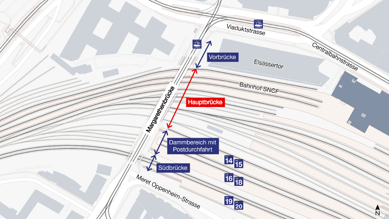 Die Grafik zeigt die Margarethenbrücke und ihre verschiedenen Brückenabschnitte im Überblick. Die statischen Mängel betreffen die Hauptbrücke.