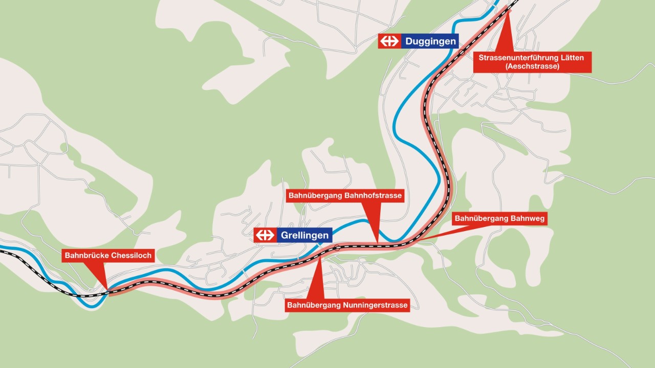Die Karte zeigt, auf welchem Abschnitt die heute einspurige Strecke doppelspurig ausgebaut wird. Der Projektperimeter reicht vom Grellinger Chessiloch bis zur Strassenunterführung Aeschstrasse in Duggingen. 