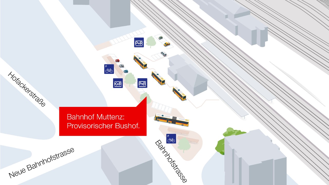 Die Grafik zeigt den provisorischen Bushof. Diesen erstellt die SBB auf dem Bahnhofplatz, beziehungsweise verschiebt Haltekanten und nimmt Strassenbelagsarbeiten vor. So gewinnt die SBB Platz, um die vorgefertigten Betonelemente der neuen Personenunterführung einzuschieben, wofür – dank diesem Platz – einzig zwei Sperrwochenenden nötig sind. Um Synergien zu nutzen, legt die SBB zudem auf dem Bahnhofplatz bereits ausgewählte Werkleitungen für den definitiven Bushof. Diesen realisiert der Kanton Basel-Landschaft danach im Rahmen eines separaten Projekts.