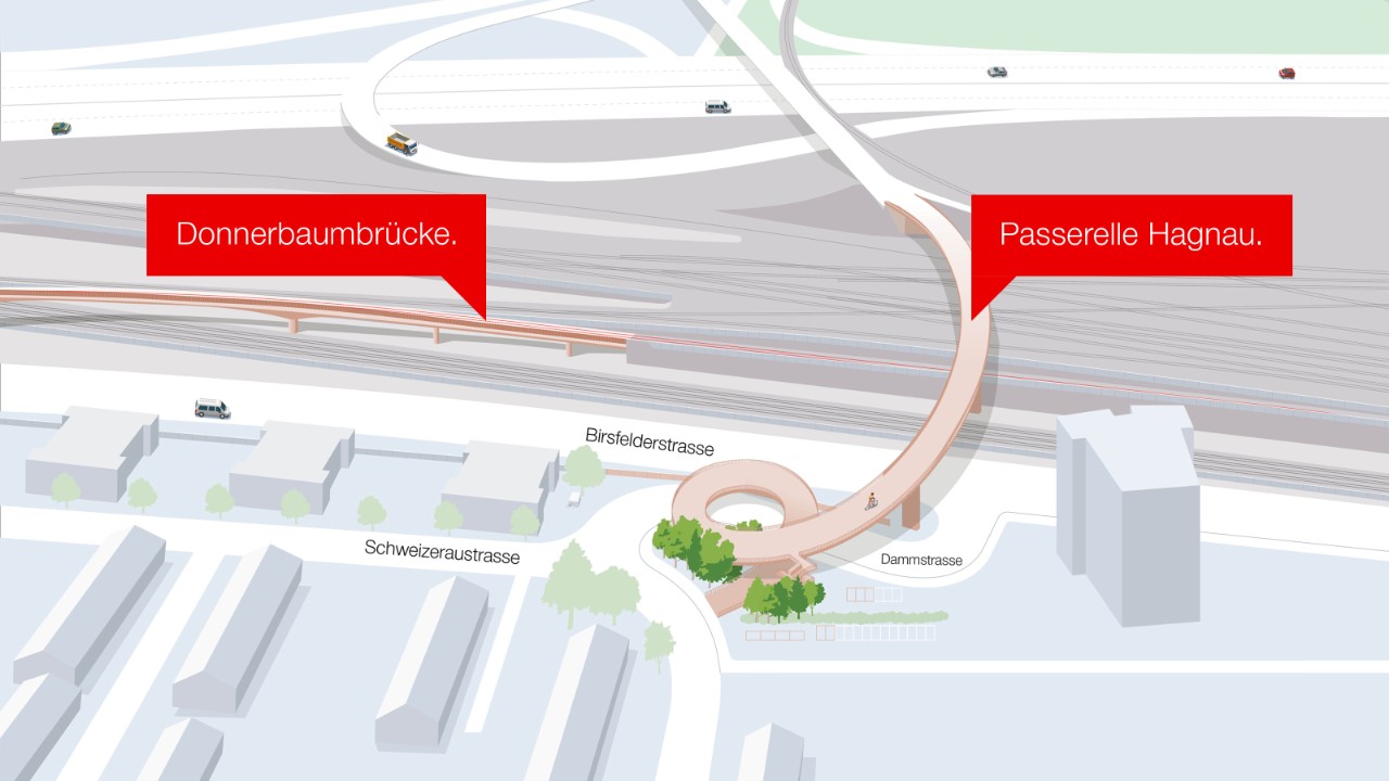 Die Grafik zeigt die neue Passerelle Hagnau. Die heutige Passerelle (Fussgänger- und kantonale Veloverbindung Freuler) würde in das sogenannte Lichtraumprofil des Gleises ragen, welches über die neue Donnerbaumbrücke führt. Das bestehende Bauwerk wird darum abgebrochen und eine neu gestaltete Passerelle erstellt, in höherer Lage samt den integrierten Leitungen, unter anderem für die Wasserversorgungsleitung. Die neue Passerelle ist so gestaltet, dass sie trotz der höheren Lage über eine weniger steile Neigung verfügt als die bestehende Passerelle. Sie entspricht so den neusten Vorgaben des Behindertengleichstellungsgesetzes.