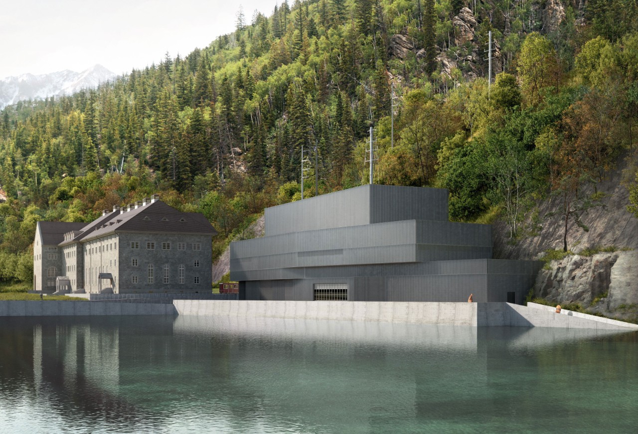 Ein Rendering des neuen Kraftwerks Ritom in Quinto, das neben dem historischen Kraftwerk gebaut wird.