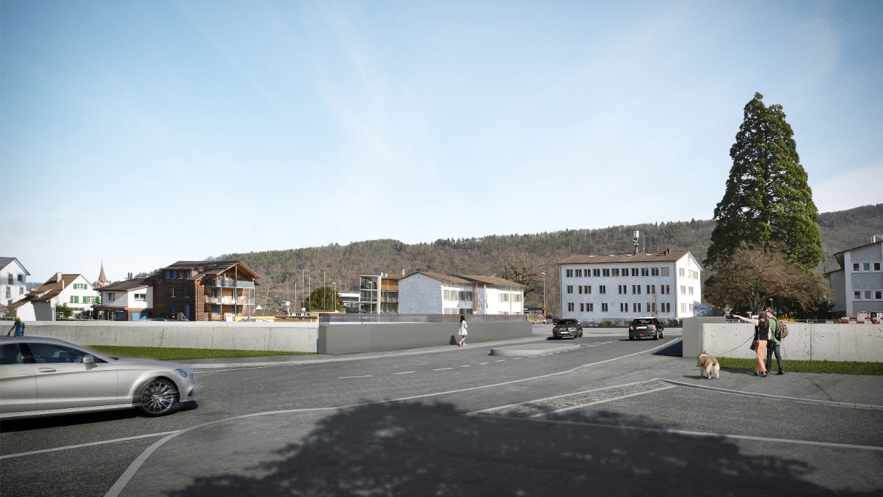 Die Visualisierung zeigt die neue Strassenüberführung Seltisbergerstrasse von der Seltisbergerstrasse Richtung Norden gesehen.