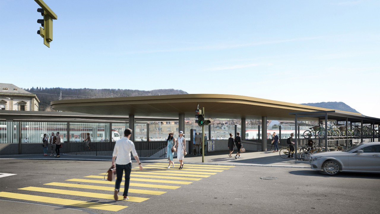 Die Visualisierung zeigt den südliche Zugang der neuen Personenunterführung Oristal von der Oristalstrasse Richtung Bahnhof gesehen.