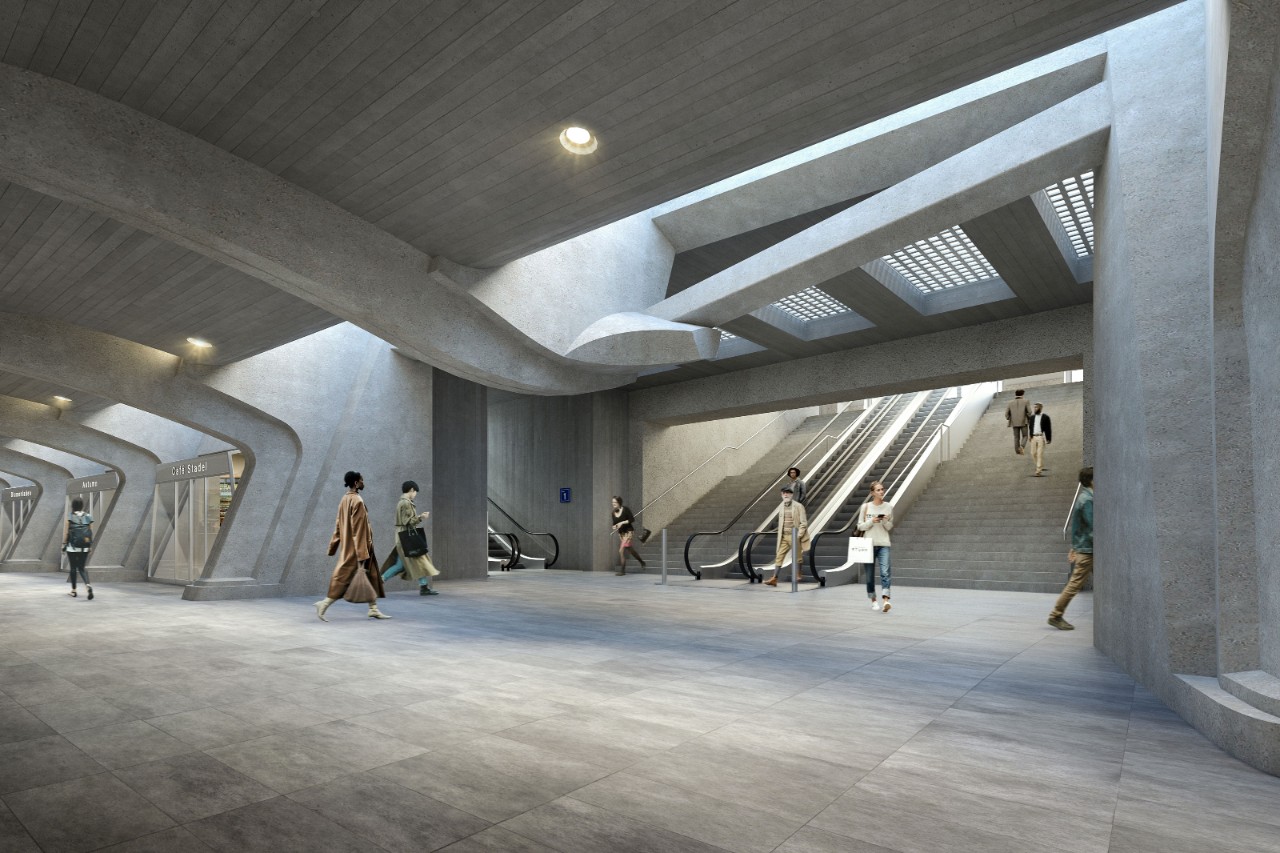 Visualisierung des geplanten breiten Hauptzugangs am Bahnhof Zürich Stadelhofen vom Stadelhoferplatz her.