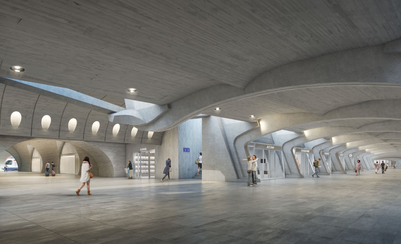 Visualisierung der Ladenpassage am Bahnhof Zürich Stadelhofen mit dem Zugang zum vierten Gleis.