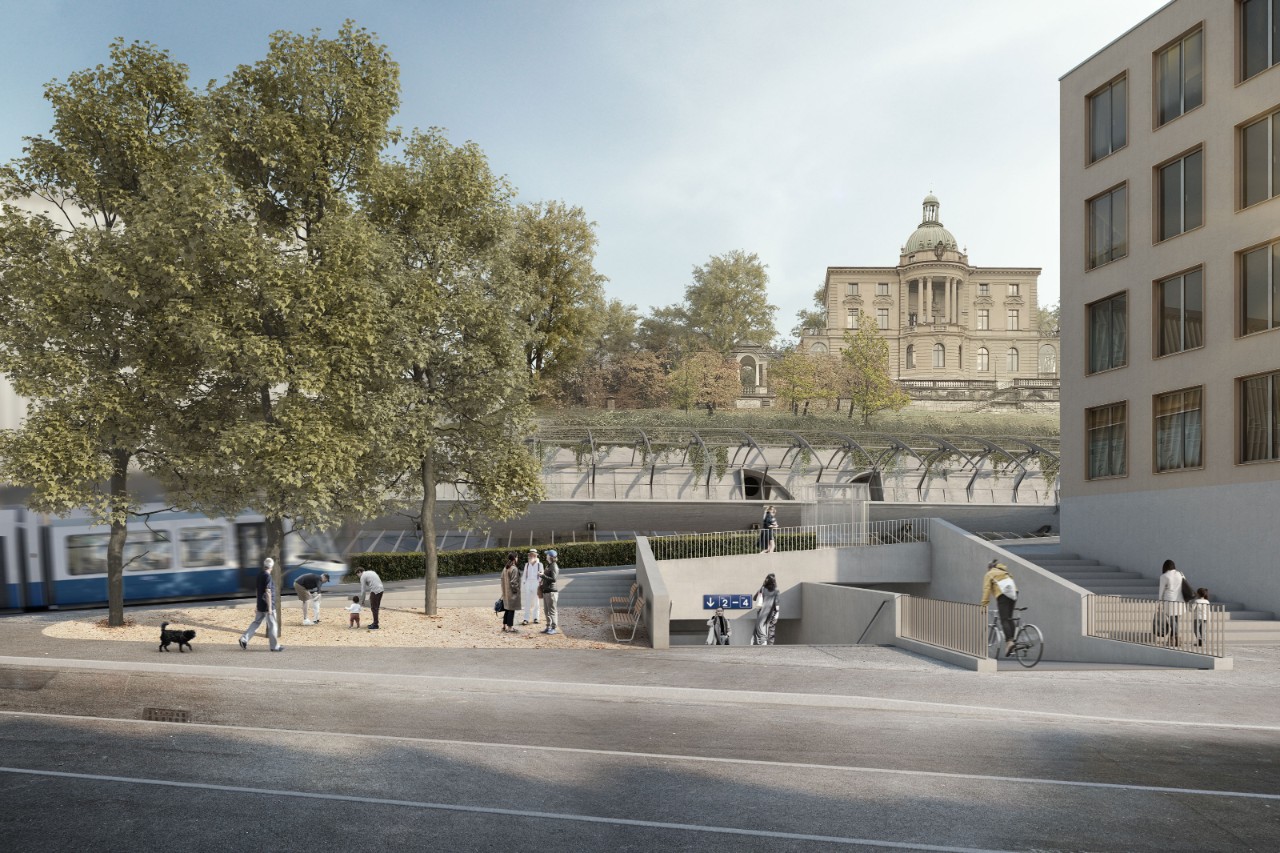 Visualisierung des geplanten neuen Zugangs an der Mühlebach-/ Kreuzbühlstrasse zum Bahnhof Zürich Stadelhofen.