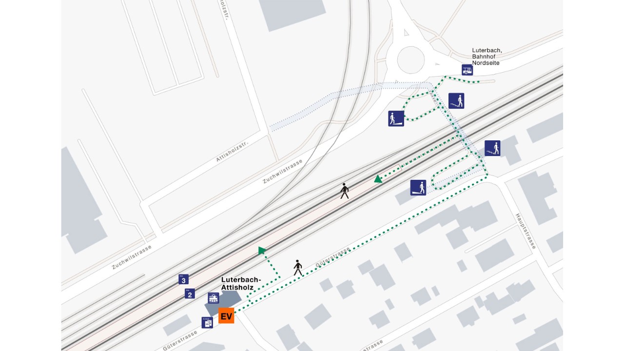 Die vereinfachte Grafik zeigt die Signalisierung für Fussgänger zur Ersatzhaltestelle, Bahnhof Luterbach Nord